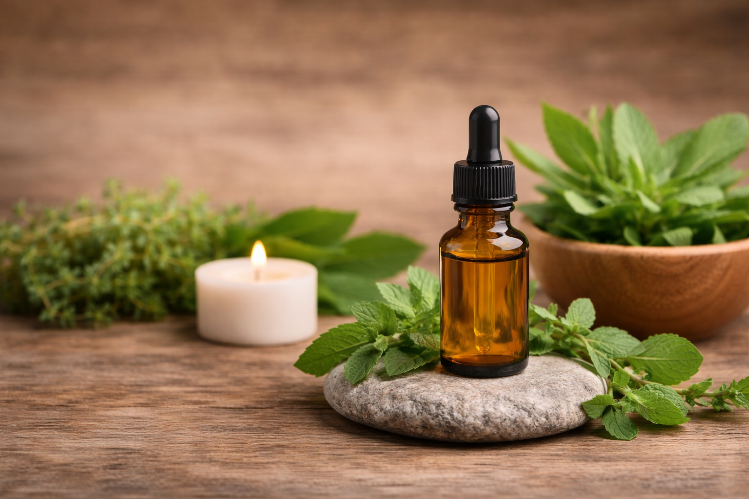 Sorban Naturprodukte – Natur-Stillleben mit Kräutern und Pipettenflasche