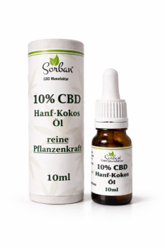 10 % CBD Hanf-Kokos-Öl in 10 ml Braunglasflasche mit Pipette von Sorban Naturprodukte