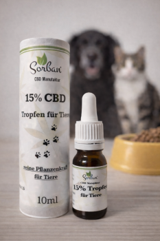 15 % CBD Öl für Tiere in 10 ml Braunglasflasche mit Pipette von Sorban Naturprodukte