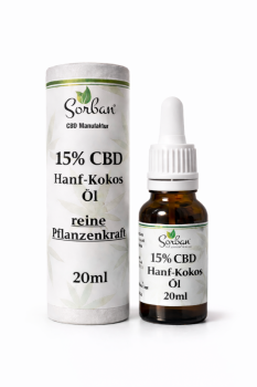 15 % CBD Hanf-Kokos-Öl in 20 ml Braunglasflasche mit Pipette von Sorban Naturprodukte