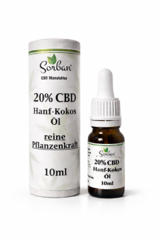 20 % CBD Hanf-Kokos-Öl in 10 ml Braunglasflasche mit Pipette von Sorban Naturprodukte