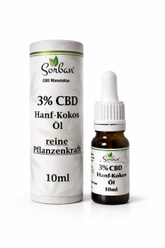 3 % CBD Hanf-Kokos-Öl in 10 ml Braunglasflasche mit Pipette von Sorban Naturprodukte