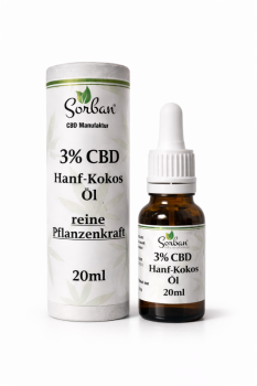 3 % CBD Hanf-Kokos-Öl in 20 ml Braunglasflasche mit Pipette von Sorban Naturprodukte