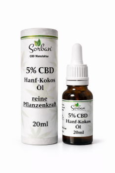 5% CBD Hanf-Kokos-Öl in 20 ml Braunglasflasche mit Pipette von Sorban Naturprodukte
