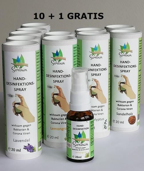 Vorteilspaket 10+1 Handdesinfektionsspray Lavendel, Lemongras, Eukalyptus, Sandelholz 20 ml