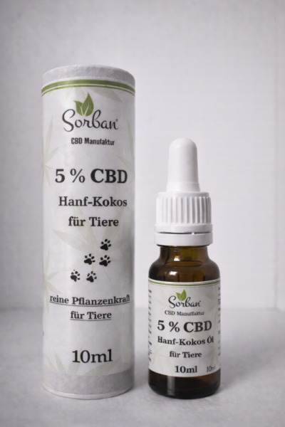 5% CBD hemp coconut oil for animals in 10 ml amber glass bottle with dropper by Sorban Naturprodukte