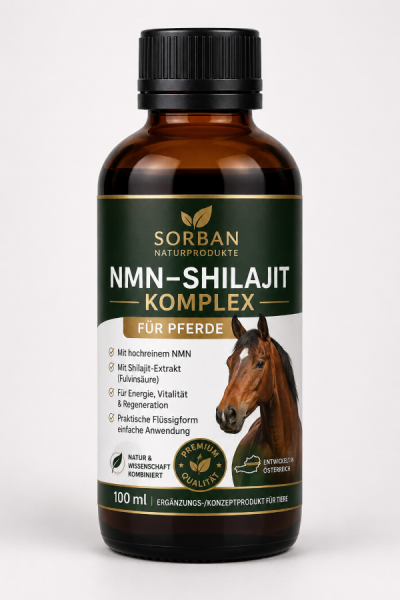 Sorban NMN Shilajit Komplex für Pferde 100 ml Braunglas Flasche Frontansicht